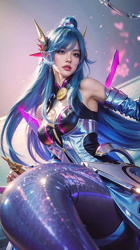 (best quality,ultra-detailed,realistic:1.37),vibrant colors,HDR,studio lighting,sharp focus,close-up,blue-haired woman,weapon,sword,Instagram model,Artgerm,Seraphine,Ahri,KDA,attention to detail,mermaid princess, ((nsfw))