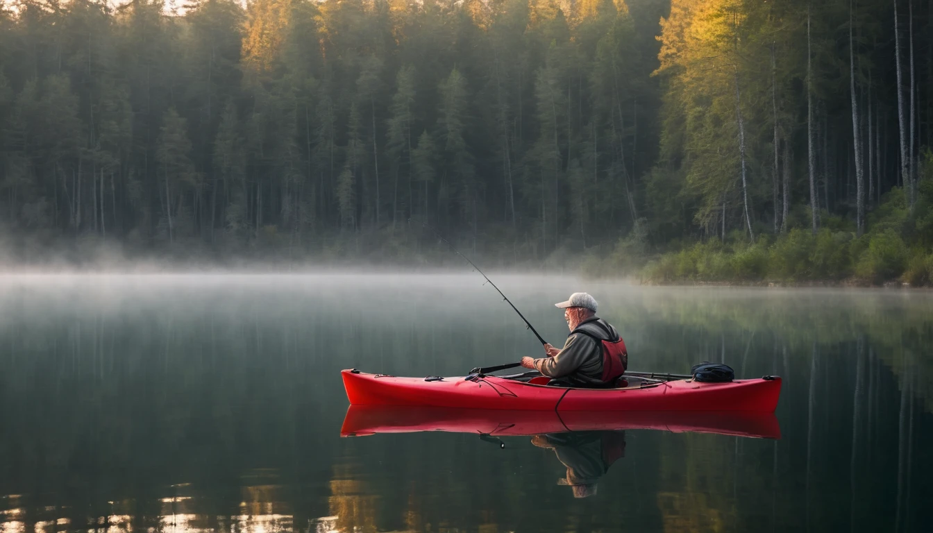An old man with his back fishing in a lake at dawn in a red kayak, very close to a dark and scary forest.