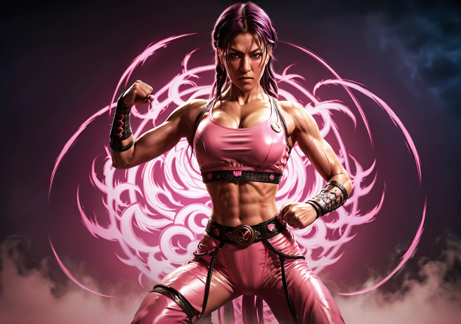 a woman in a fighting stance,milena from mortal kombat,full body shot,extremely detailed face and anatomy,4k, high quality, ultra-detailed,photorealistic,dramatic lighting,cinematic composition,dynamic pose,vivid colors,fantasy character,video game art, roupa cor pink
