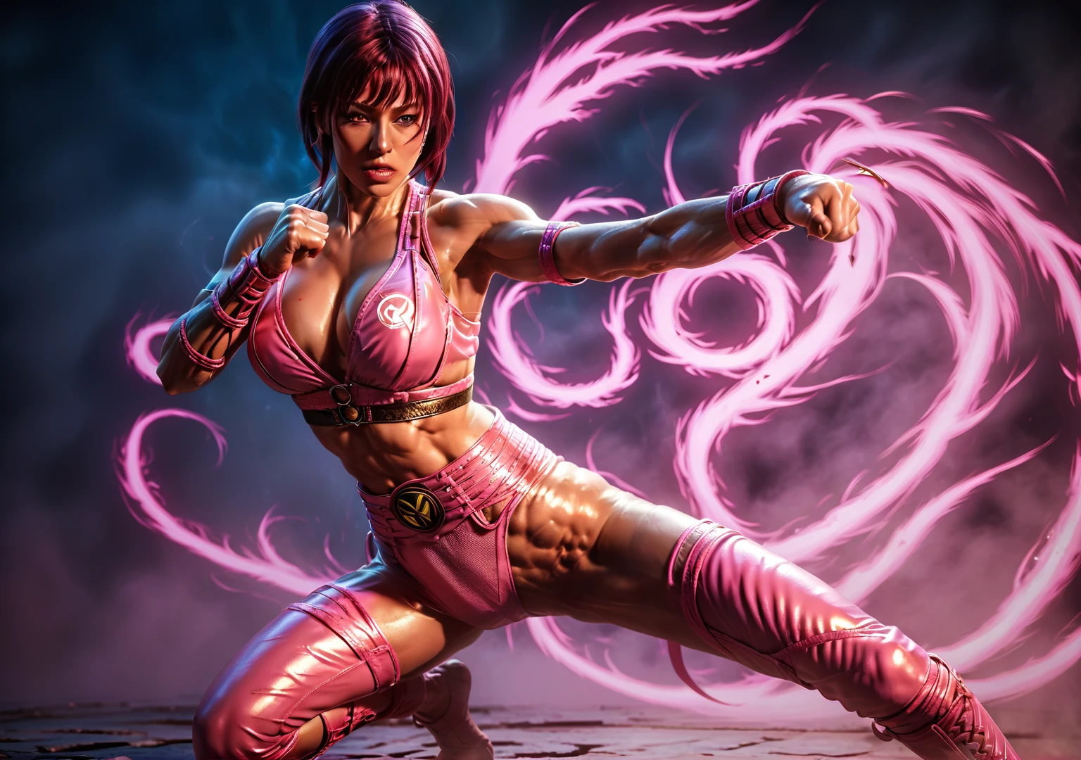 a woman in a fighting stance,milena from mortal kombat,full body shot,extremely detailed face and anatomy,4k, high quality, ultra-detailed,photorealistic,dramatic lighting,cinematic composition,dynamic pose,vivid colors,fantasy character,video game art, roupa cor pink