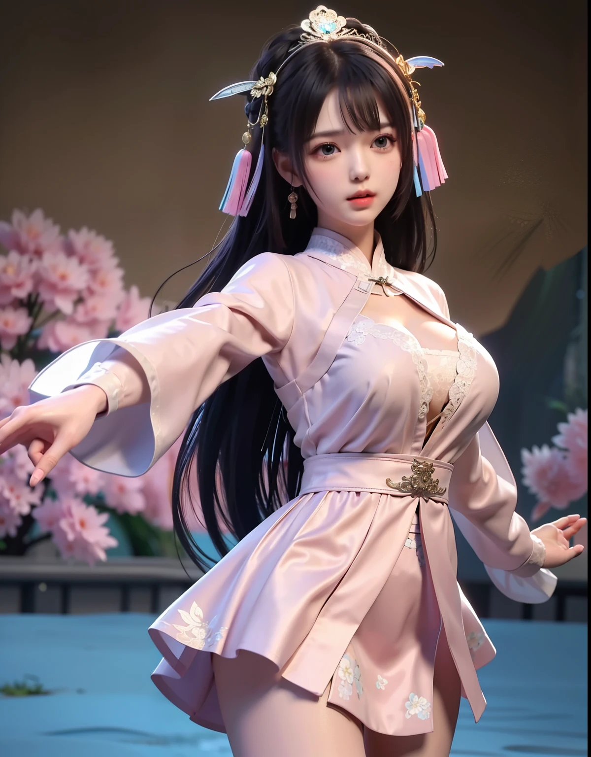 (8k, RAW photo:1.2), best quality, ultra high res,dramatic angle,(fluttered detailed color splashs), (illustration),(((1 girl))),(long hair),(rain:0.9), (Headdress:1.4),There is an ancient palace beside the girl,Hanfu,(Key Points),Color ink painting,(Splash of Color),Splash of Color,(((colorful))),(sketch:0.8) , Masterpiece, best quality, beautiful painted, highly detailed,(denoising:0.6),[splash ink],((ink refraction)), (beautiful detailed sky),moon,highly,detaild,(masterpiece, best quality, extremely detailed） CG Unity 8k Wallpaper，masterpiece，best quality，Ultra Detailed），（Lycoris）. qipao open V-chested clothes Thin silk lace dress short skirt , (huge ，cleavage),, white pink, blue ，best qualtiy，tmasterpiece，Ultra-high resolution，（Reality：1.4），RAW photogr，（True skin texture：1.3），（filmgrain：1.3），（Selfie angle），1个Giant Breast Girl，Beautiful eye and face details，tmasterpiece，Best quality at best，，The chest more exposed， detailed hair, bra pink , detail 8k, full body, lace petticoat, fan handle