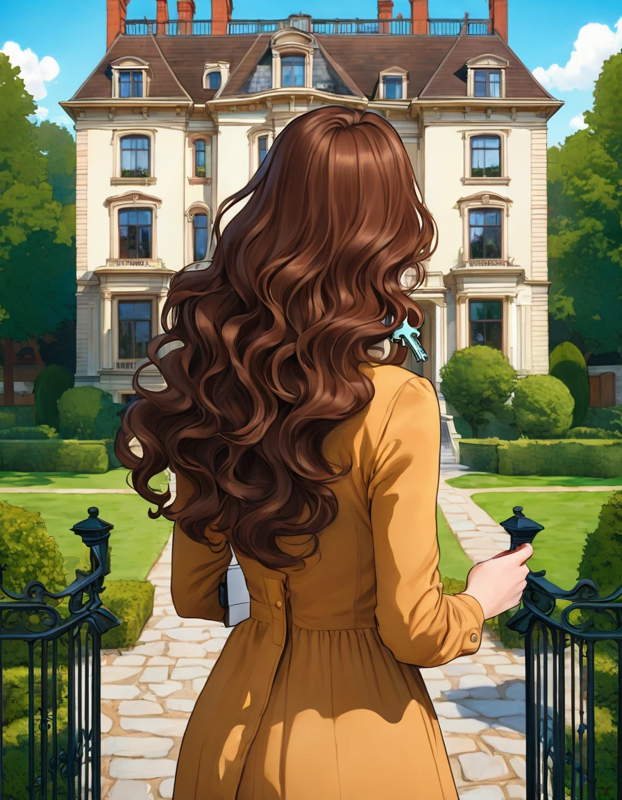 Rear view of a young woman with wavy brown hair, standing in front of an old, imposing mansion, holding keys and looking at the house curiously.
