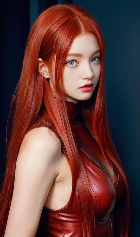 a close up of a woman With red hair wearing a leather outfit blue eyes, with long red hair, waist-length red hair, young beautiful amaranth, erza scarlet as a real person, amaranth, With red hair, she has long orange hair, redhead goddess, Jennie , Wonyoung , hwasa, beautiful