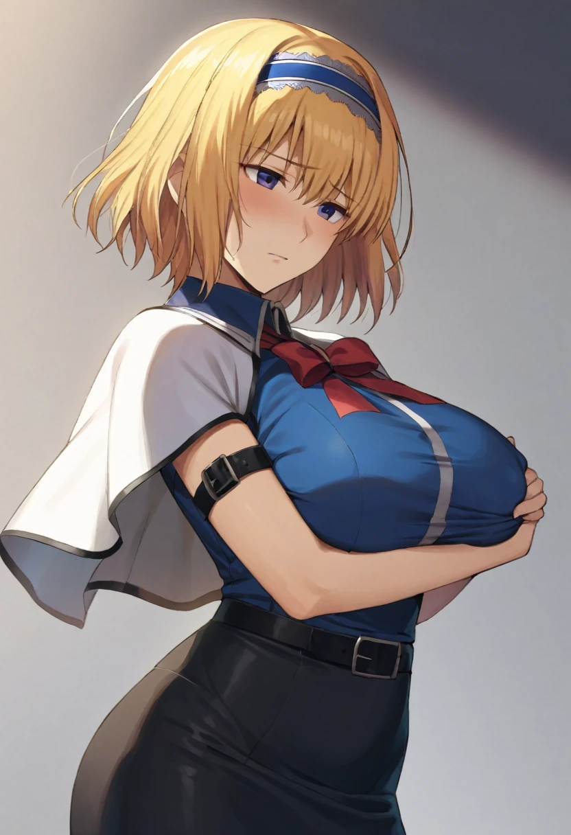 masterpiece, best quality, artist:fukuro_(maruaru00), 1girl, solo, adult, alice margatroid, blonde hair, short hair, hairband, blue dress, red ties, white capelet, large breasts, black pantyhose, pencil skirt, arm belt, standing, grabbing her breasts, upper body
