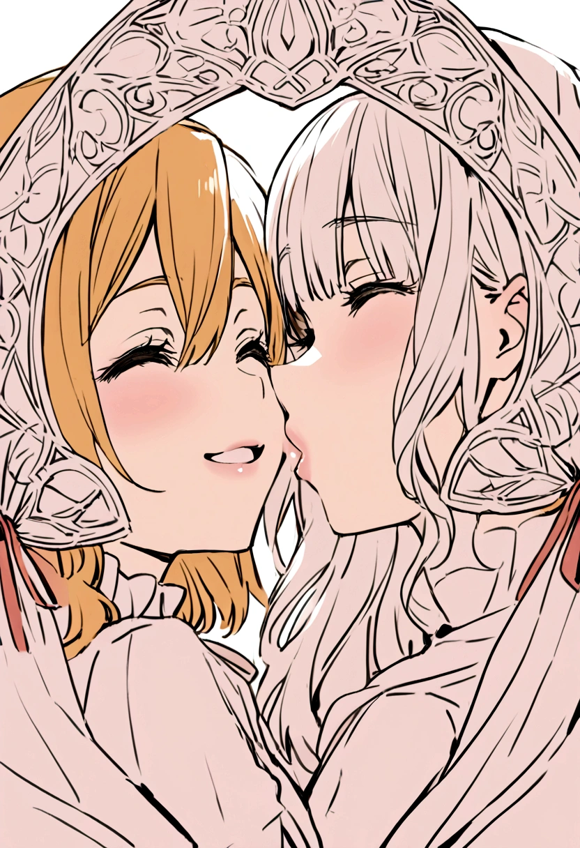asanagi score_9, score_8_up, score_7_up, 2girls, blonde torogao blush (wedding_dress:1.5),long_dress (leash) bridal veil, (wide_hips:1.2) holding bridal bouquet, sleeves past fingers, 1boy, male collar, chain, cooperative fellatio, teamwork, threesome, nude male clothed female, erection, penis, lipstick marks, heavy breathing, mature female, earrings, precum, cathedral, romantic, delicate design