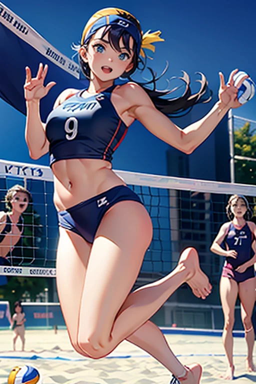 8K, top-quality, masterpiece: 1.2, (reallistic, Photorealistic: 1.2), Beautiful girl, barefoot(((beach volleyball player is jumping and attacking:1.5)))