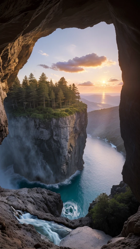(Masterpiece), (photorealistic:1.5), (of the highest quality:1.4, 8k, ultra high resolution, Professional lighting, Perfect dynamic composition, film grain, chromatic aberration, (bokeh:1.1), sophisticated, Surreal, high detail, golden ratio, Stunning view of a polished concrete dwelling built inside a giant rock cave with a waterfall, with large windows, natural lighting; at sunset with clouds in the background
