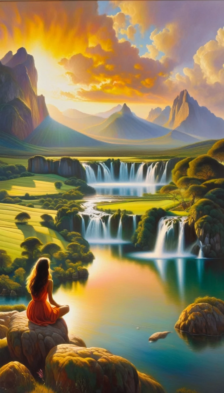 a woman immersed in a lake, general view of a large landscape with waterfall and mountains, sunset, clouds, (art inspired in Juan Gimenez). oil painting)