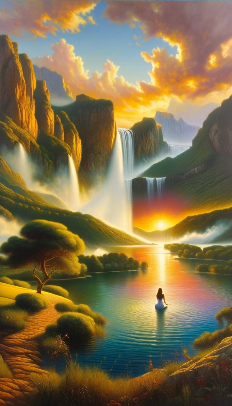 a woman immersed in a lake, general view of a large landscape with waterfall and mountains, sunset, clouds, (art inspired in Juan Gimenez). oil painting)

