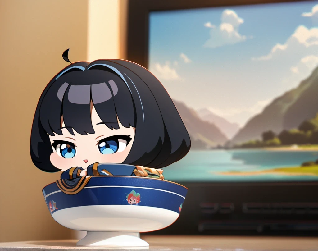 (masterpiece), best quality, ultra-detailed, 1024k UHD wallpaper, ultra-high resolution, depth of field, HDR, (extremely detailed CG 1024k wallpaper), Detailed face, Detailed Clothes, Ultra HD Photo, 1girl, short silky hair, 90's style, medium black hair, blue eyes, chibi, (newest anime art style)