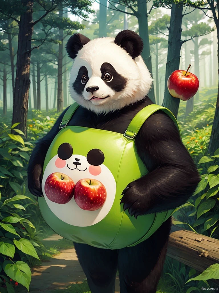 A panda carrying apples through the forest
