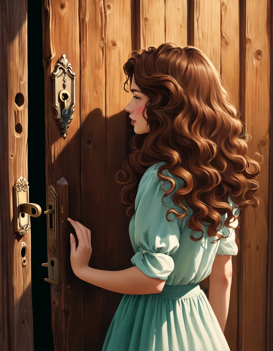 Rear view of a young woman with wavy brown hair, inserting the key into an old wooden door, slowly opening it with a creaking sound.