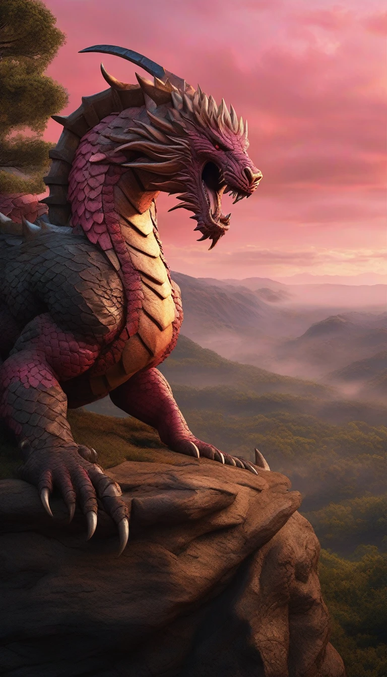 ((photorealism hyperrealism photorealism))  and cinematographic create a highly detailed and dynamic scene depicting a colossal serpent approximately ten meters tall, with stone color, composed of stones and rocks, with 10 of menacing arms and legs protruding along its massive body. The serpent has a terrifying face resembling a hideous witch. The serpent is in the midst of a fierce battle with a barbarian. The barbarian is dressed in the style of Conan the Barbarian, but with unique features: long pink hair and a pink beard, and the facial features of actor Chris Hemsworth. The barbarian wields a sword and appears minuscule in comparison to the monstrous serpent, akin to a person standing before a skyscraper. The scene is set atop a mountain, providing a panoramic view of a dense forest below, with only the treetops visible. In the distance, near the horizon, a beach can be seen. The sky is vividly pink, creating an alien planet atmosphere, with a giant moon prominently visible. Emphasize the dynamic action and intense motion in the battle between the serpent and the barbarian, capturing the energy in hyper-detailed, realistic style renderings, 8k, detailed eyes, perfect eyes, epic, dramatic, fantastic, full body, intricate design and details, dramatic lighting, hyperrealism, photorealistic, cinematic, 8k, 12k, detailed face , dramatic photo, epic photo, cinematic photo + photo taken by Canon + Incredibly detailed, sharp details by 8HQ, Neoprene, Behance contest winner, ultra sharp focus, masterpiece of complex art, sinister, epic, TanvirTamim, trending on Artstation by Artgerm, H. R. Giger and Beksinski, highly detailed design and details, vibrant and complex lighting, dramatic, hyperrealism, photorealistic, cinematic, 8k, 12k, detailed face, dramatic photo, epic photo, cinematic photo + photo taken by canon + incredibly detailed Detailed and Sharp in 8HQ, Neoprene, Competition Winner, Ultra Sharp Focus, Complex, Sinister and Epic Masterpiece of Art,