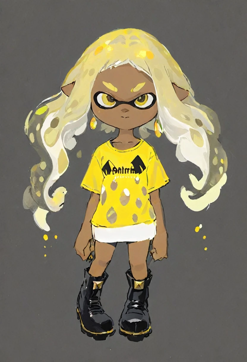 A dark-skinned Inkling with long white hair which has gold spots. She is wearing a gold-yellow tee and black boots.