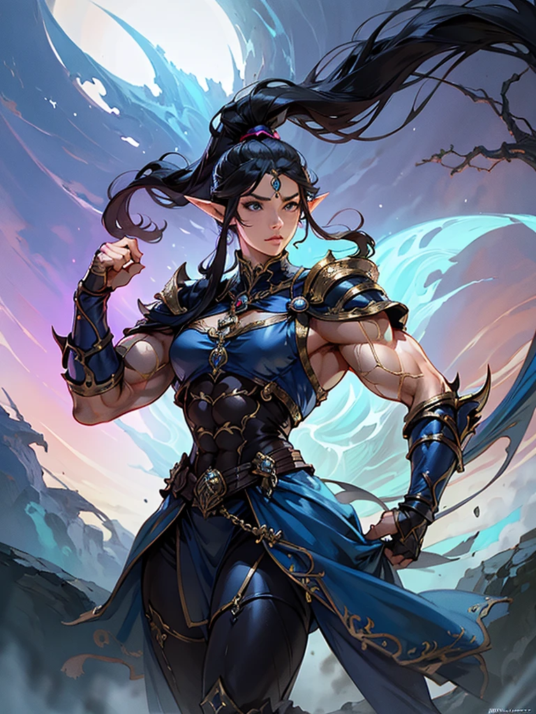 stunningly sensual elfess, large well-trained muscles, very impressive hypermuscular physique, magical and mysterious, bulging feminine proportions, perfect and flawless muscular sensual body, vascular massive biceps, deep black hair, pale chaik white skin, female elf wizard in fantasy setting