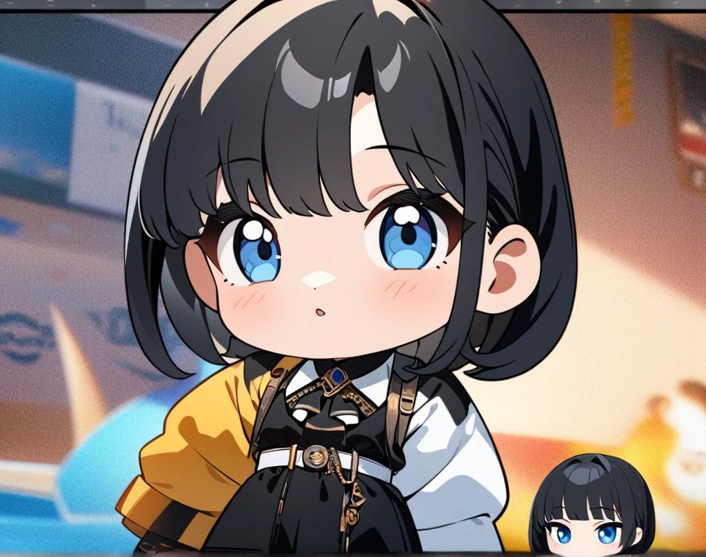 (masterpiece), best quality, ultra-detailed, 1024k UHD wallpaper, ultra-high resolution, depth of field, HDR, (extremely detailed CG 1024k wallpaper), Detailed face, Detailed Clothes, Ultra HD Photo, 1girl, short silky hair, 90's style, medium black hair, blue eyes, chibi, (newest anime art style)