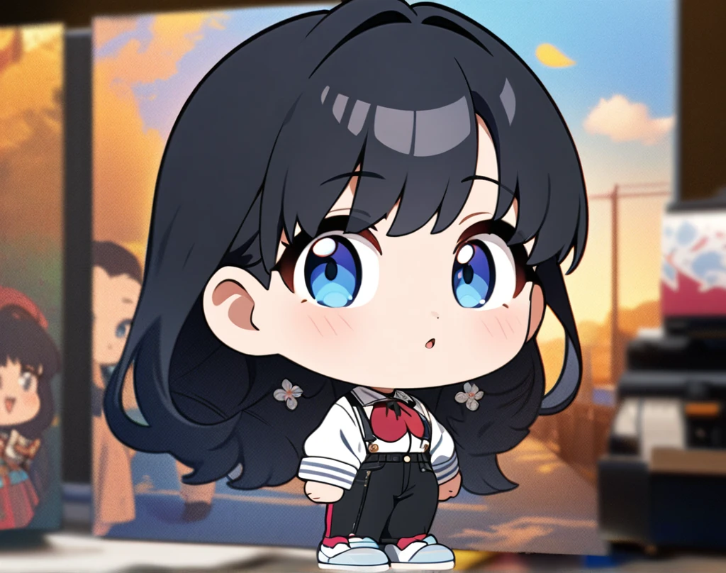 (masterpiece), best quality, ultra-detailed, 1024k UHD wallpaper, ultra-high resolution, depth of field, HDR, (extremely detailed CG 1024k wallpaper), Detailed face, Detailed Clothes, Ultra HD Photo, 1girl, short silky hair, 90's style, medium black hair, blue eyes, chibi, (newest anime art style)