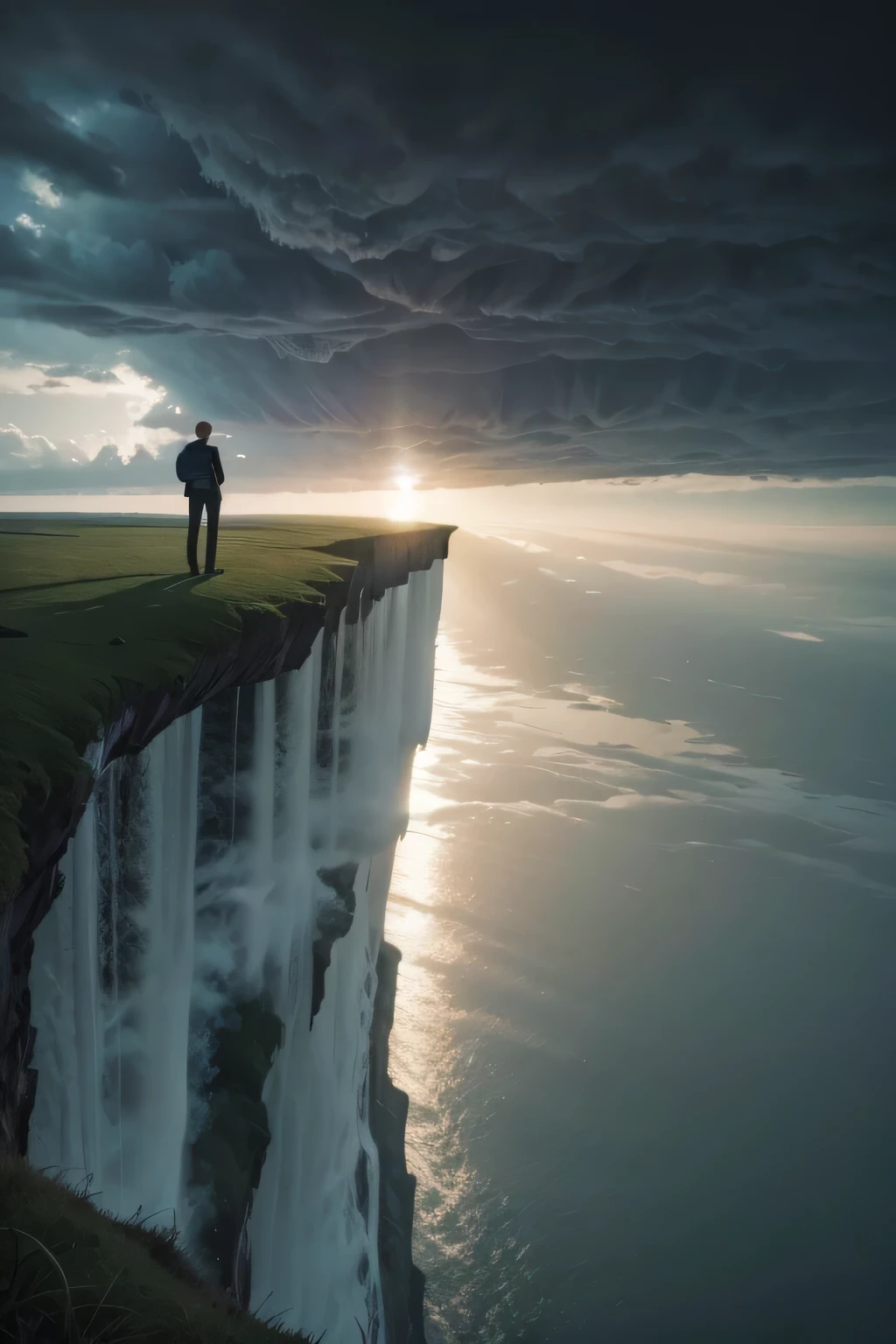 inclined cliff, cloudy weather, a tornado coming, a man dressed in white on the edge of the cliff, a glass box full of water.