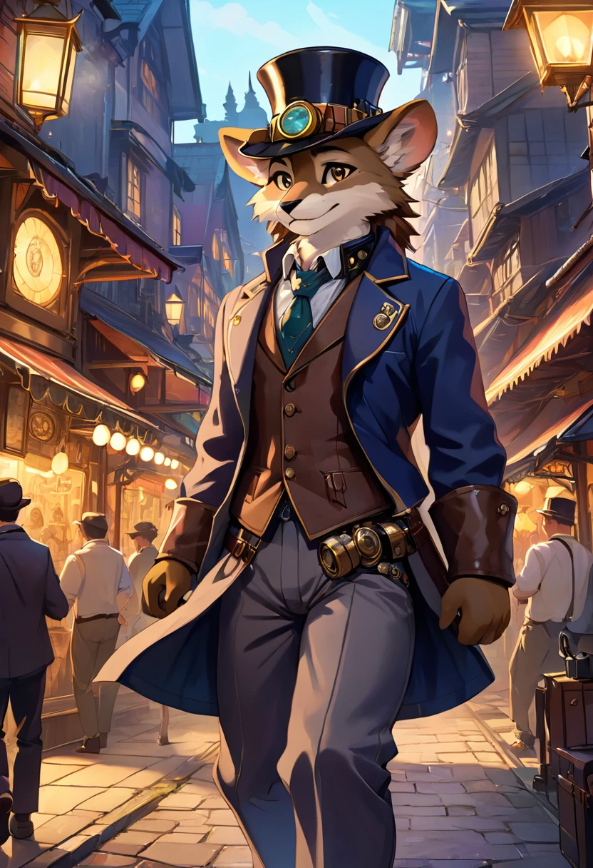 cover_page, highres, top quality, best quality, paid reward available, High-quality illustrations, unparalleled masterpiece, perfect artwork, absurdres, figma, super high resolution, detailed background, Steam punk, Beautiful World Heritage, boys, Happy, joyful(Photos of solo travelers)(kemono, furry anthro)cinematic lighting, dynamic angle,