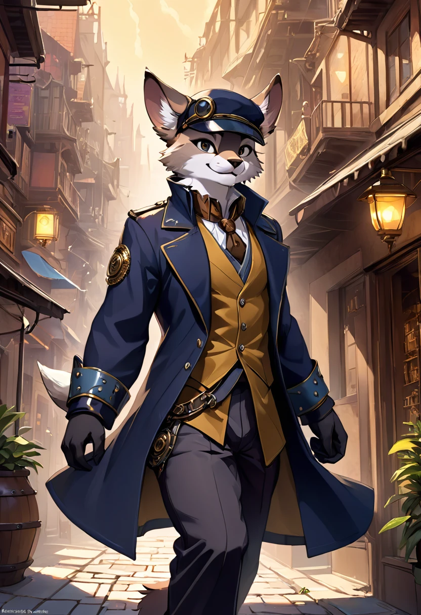 cover_page, highres, top quality, best quality, paid reward available, High-quality illustrations, unparalleled masterpiece, perfect artwork, absurdres, figma, super high resolution, detailed background, Steam punk, Beautiful World Heritage, boys, Happy, joyful(Photos of solo travelers)(kemono, furry anthro)cinematic lighting, dynamic angle,
