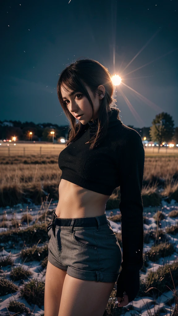 Anime girl in Hotpants und bh. at night,  lascivious pose and lascivious. In a field in the snow