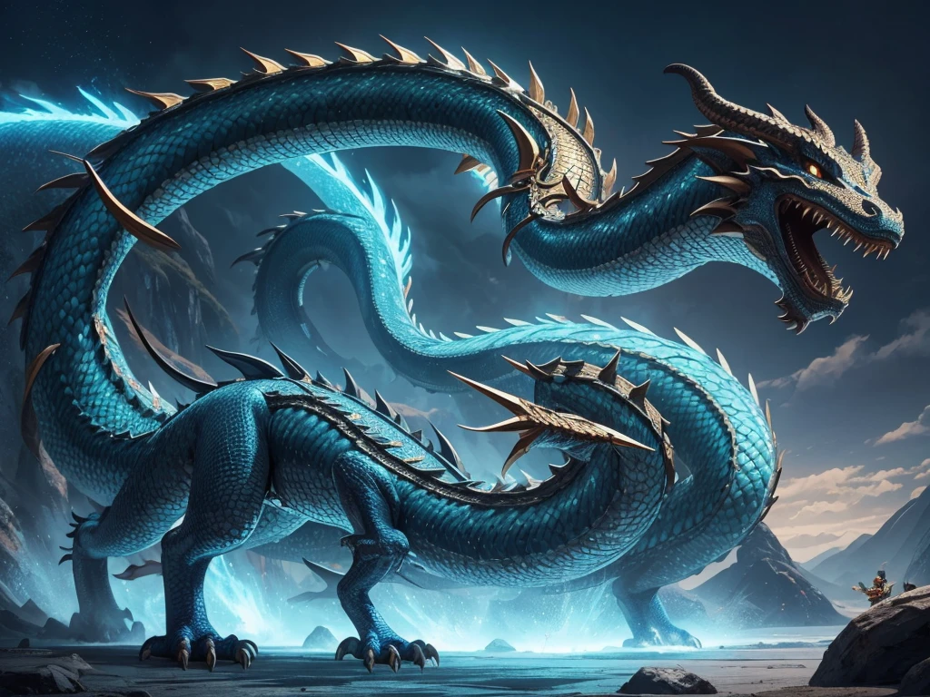 4K, ultraquality, chinese Dragon, very Long body, dragón of earth, skin of earth, mitological creature, tribal, chinese fantasy land background, full body.
