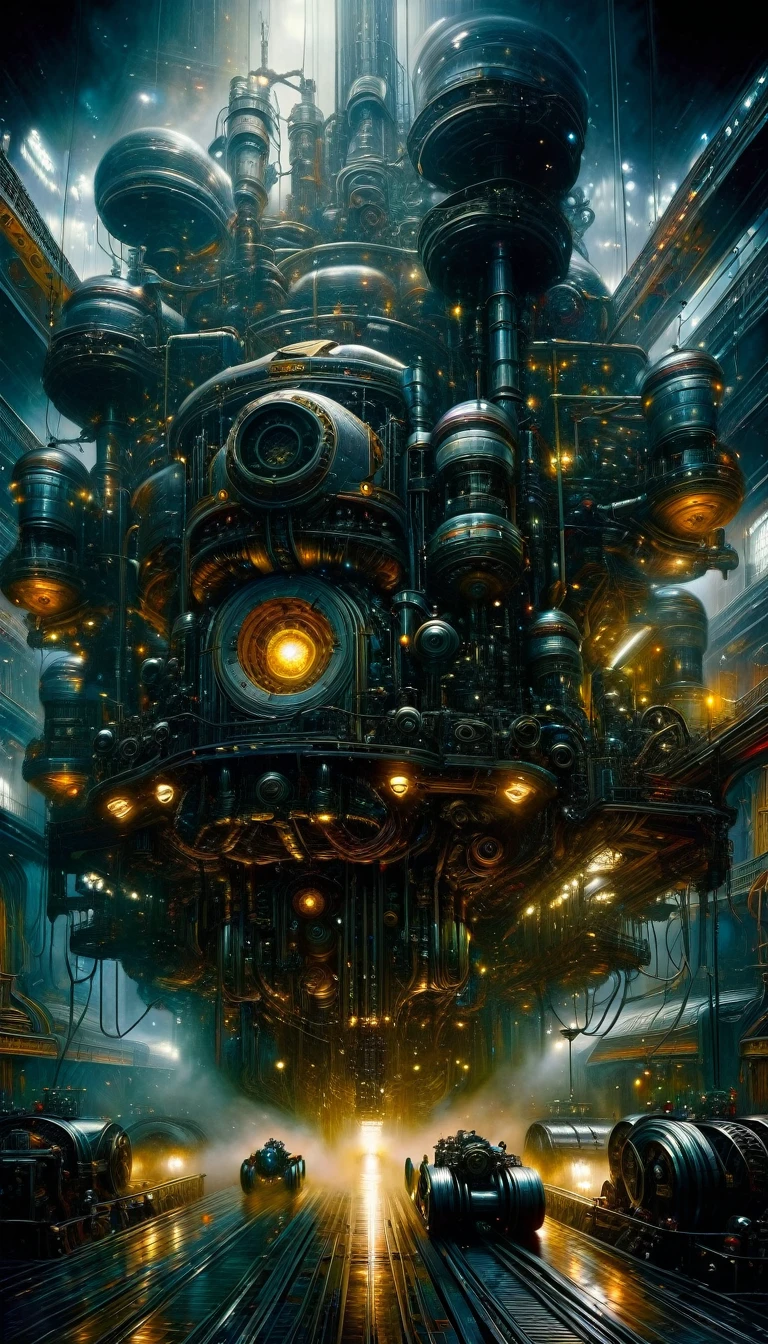 (art inspired by juan gimenez,oil painting,highly detailed,cinematic lighting,dramatic colors,intricate machinery,futuristic technology,epic scale,moody atmosphere,dark and gritty,masterpiece,best quality,8k,photorealistic,professional)
