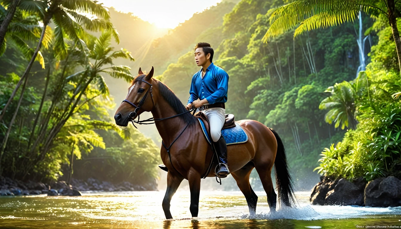 realistic photo of a man is riding a horse in a landscape on the downing sun, river, tropical tree, Miki Asai Macro photography, close-up, hyper detailed, trending on artstation, sharp focus, studio photo, intricate details, highly detailed, by greg rutkowski