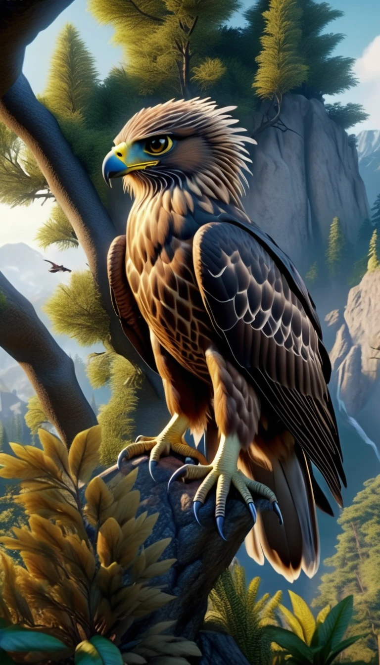 Mountains and forests，There is a kind of beast，It looks like a hawk but has human hands.(best quality，4K，8K，High level，masterpiece：1.2），Ultra Detailed，（lifelike，Photo real，Photo real：1.37），Highly detailed animals，Realistic lighting，Fantasy Creatures