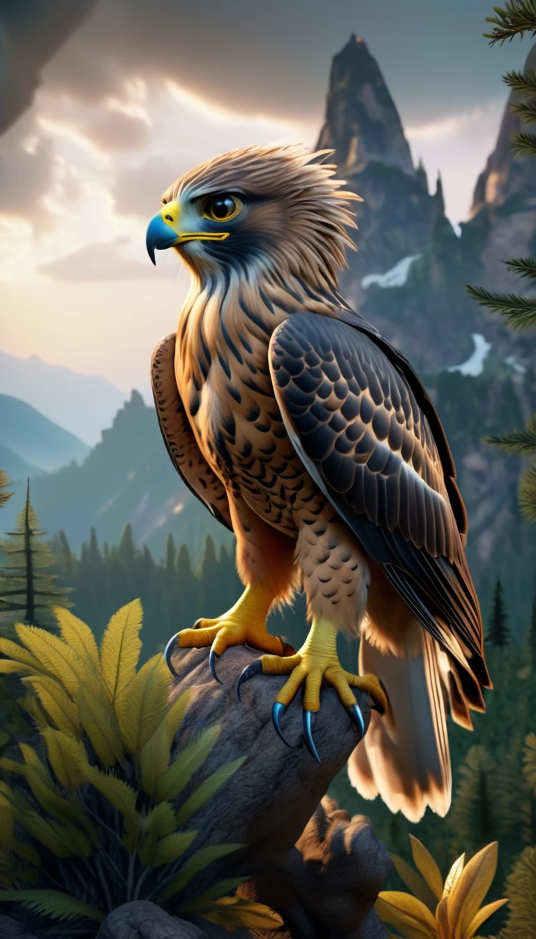 Mountains and forests,There is a kind of beast,It looks like a hawk but has human hands.(best quality,4K,8K,High level,masterpiece:1.2),Ultra Detailed,(lifelike,Photo real,Photo real:1.37),Highly detailed animals,Realistic lighting,Fantasy Creatures