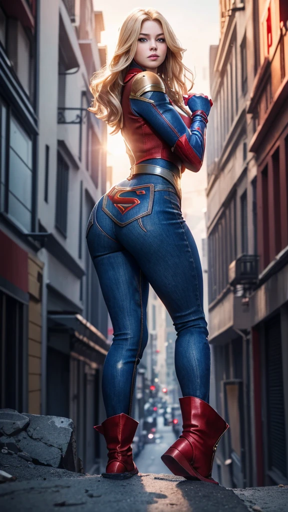 The character Supergirl, extremely beautiful face, perfect red and blue costume, denim style, extremely beautiful blue eyes, perfect blond hair, smooth curves, perfect hands and fingers