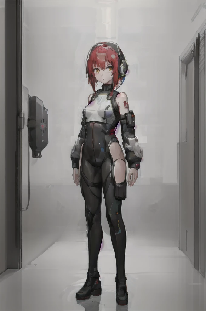 full body,1 girl, Android girl, cyberpunk, (cute:1.3),red Hair, left eye yellow, right eye blus, tan skin, freckles{White breastplate, Black futuristic headphones, Mechanical black glossy metallic Bodysuit, Bare shoulders, oversized jacket, Glossy, shiny material}