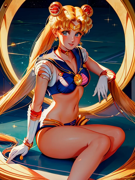 masterpiece, highest quality, High Resolution, Month 1, 1 girl, alone, ((Sailor Moon:1.3)), Usagi Tsukino, blonde, Magical girl, blue eyes, Elbow hand pockets, tiara, ((bikini:1.5)), choker, White gloves, jewelry, Earrings, smile, The background is space (Amazing details, Excellent lighting, Wide-angle), full moon,