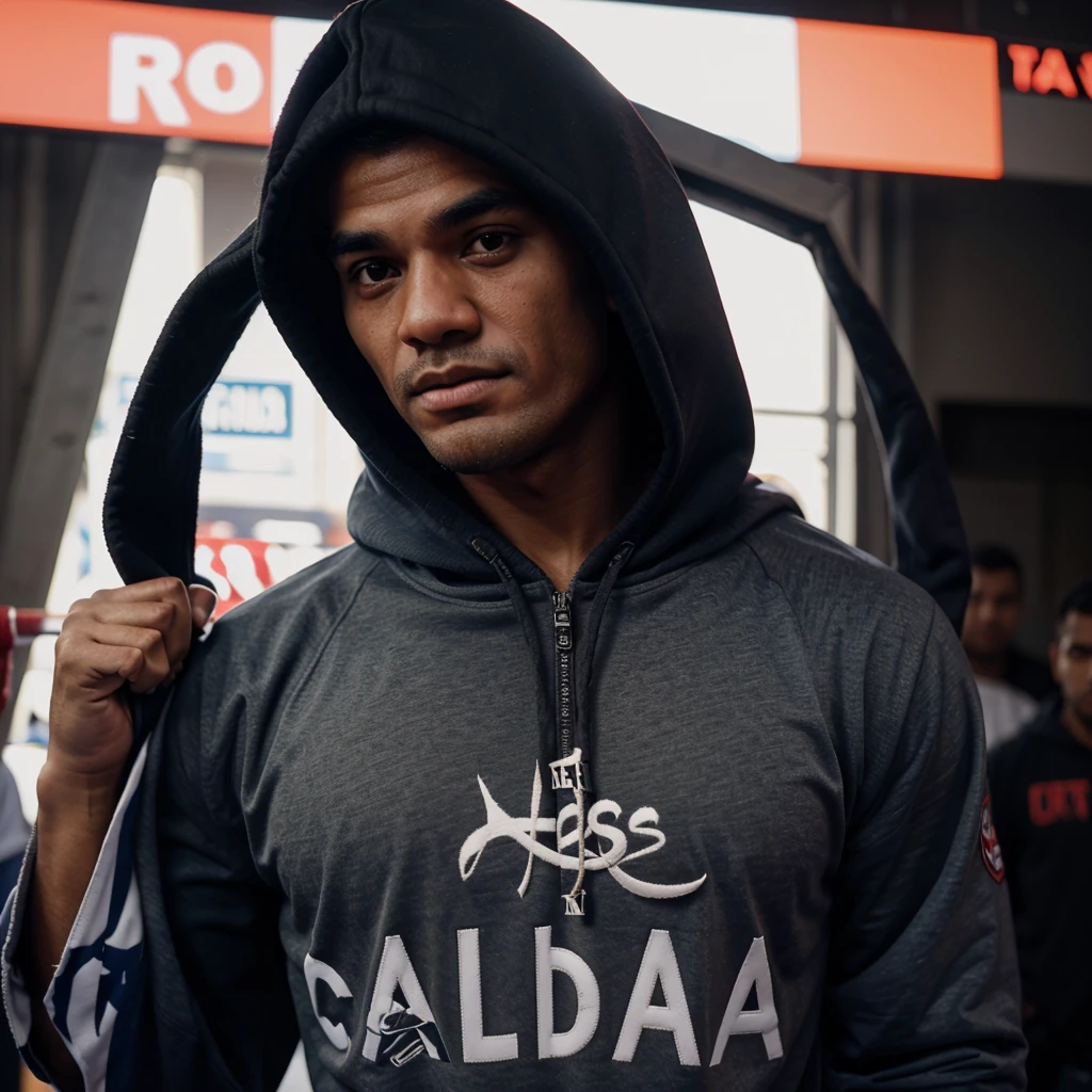 A boxer entering in the ring with a name ABDUL RAFEY written on his hoodie's back