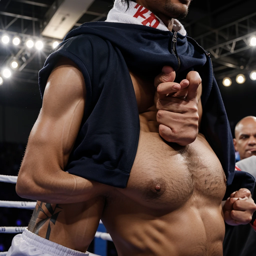 A boxer entering in the ring with a name ABDUL RAFEY written on his hoodie's back