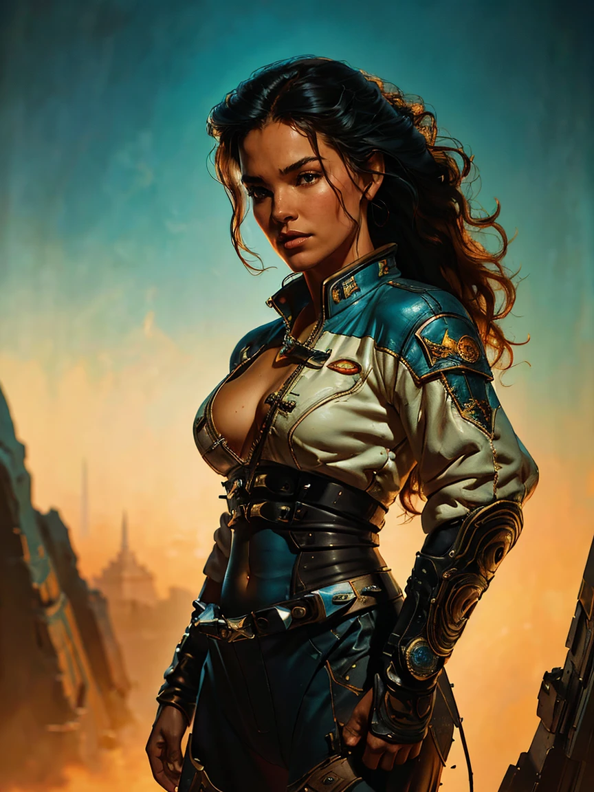 a young female space fighter pilot based on Michelle Rodriguez, sci-fi illustration, highly detailed cinematic fantasy portrait, black outlining, full color illustration, in the style of BORIS VALLEJO & JULIE BELL, masterpiece, 8k, ultra-detailed, physically-based rendering, vivid colors, dramatic lighting, intricate background, fantasy, photorealistic