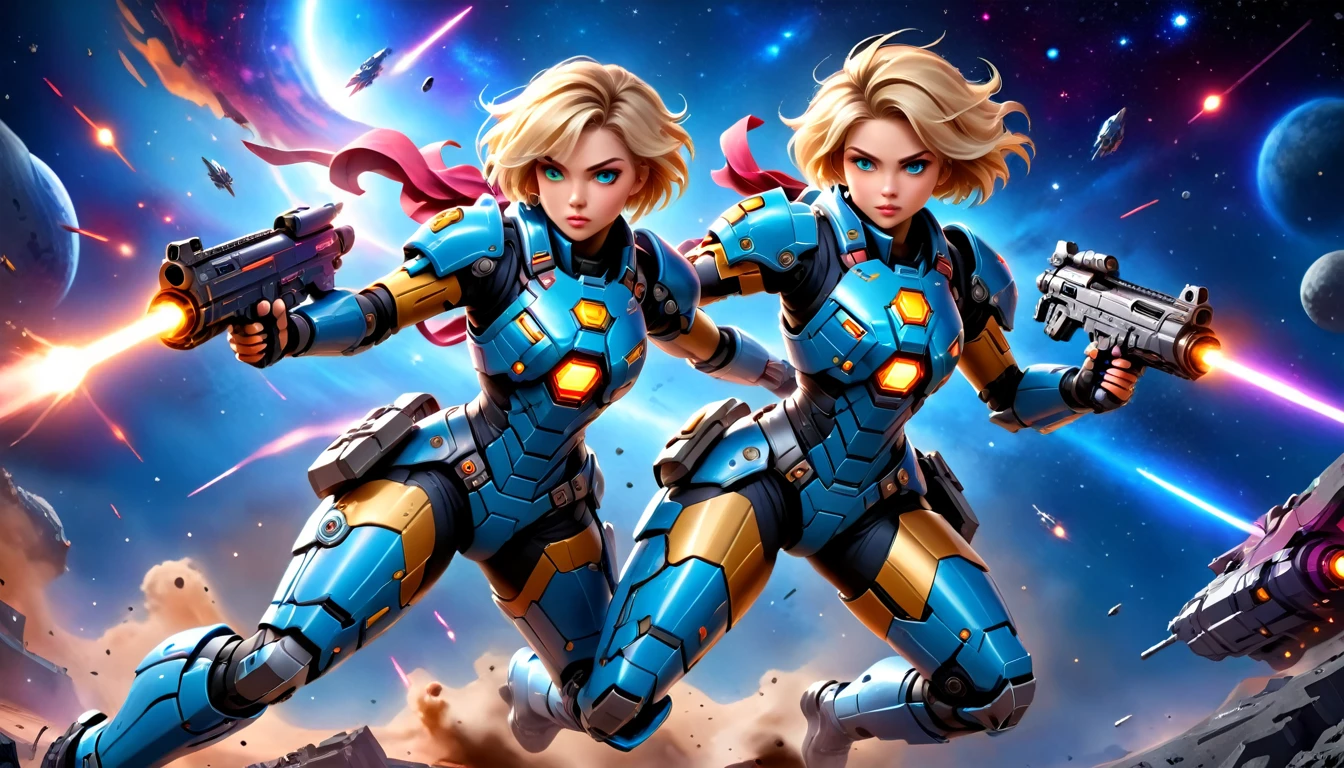 a female mech warrior in battle on a moon in space, full body shot, action shot, a tough and beautiful female mech warrior, short blond hair, dynamic eye color, intent gaze, ultra detailed face, best detailed face, she wears mech armor, and massive sci-fi gun, in battle, outer space background, stars, vibrant, Ultra-high resolution, High Contrast, (masterpiece:1.5), highest quality, Best aesthetics), best details, best quality, highres, (ultra wide angle: 1.2), 16k, ultra detailed, masterpiece, best quality, (extremely detailed),aetherpunkai, Mechanical Creatures, assault rifle