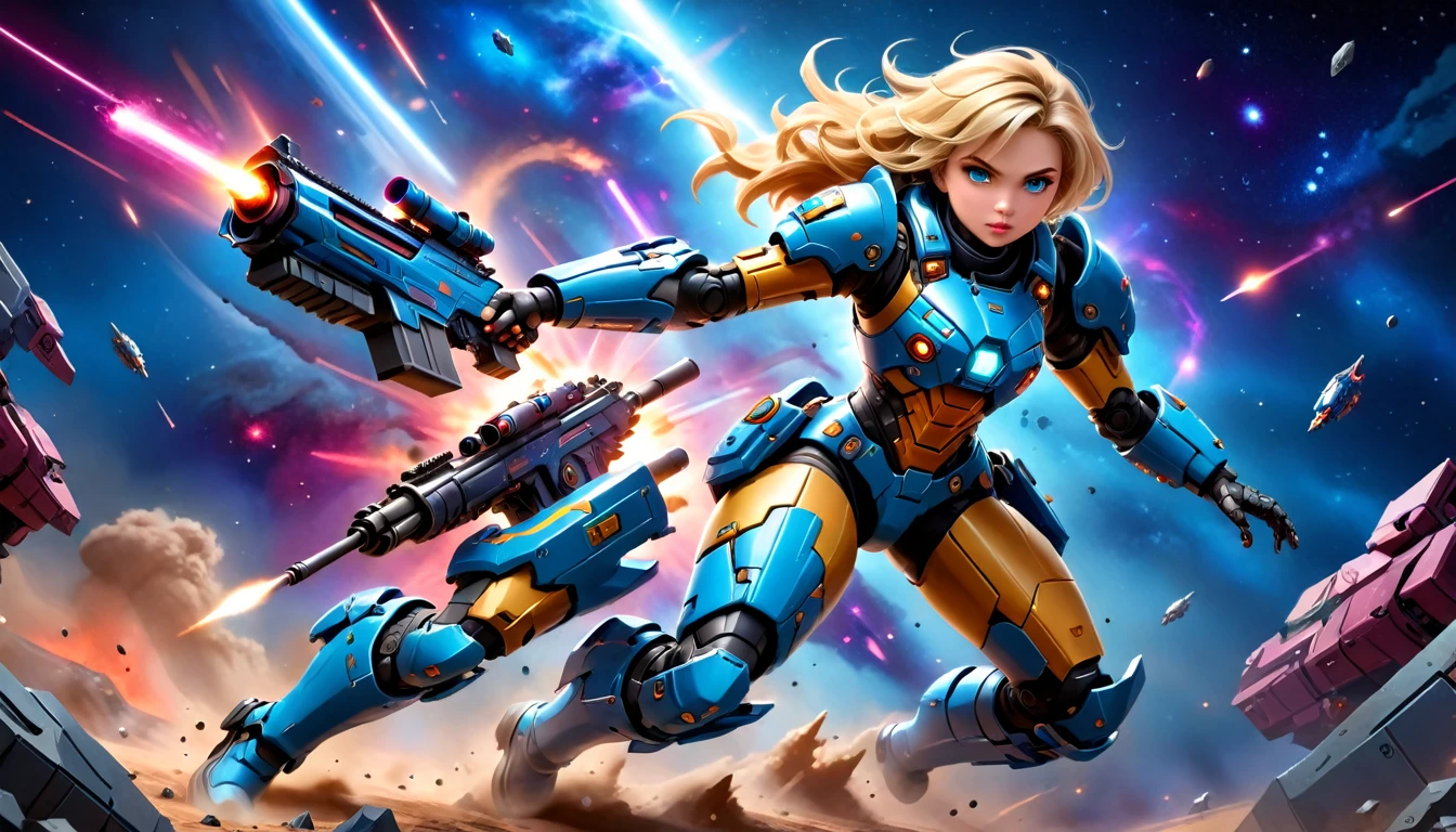 a female mech warrior in battle on a moon in space, full body shot, action shot, a tough and beautiful female mech warrior, short blond hair, dynamic eye color, intent gaze, ultra detailed face, best detailed face, she wears mech armor, and massive sci-fi gun, in battle, outer space background, stars, vibrant, Ultra-high resolution, High Contrast, (masterpiece:1.5), highest quality, Best aesthetics), best details, best quality, highres, (ultra wide angle: 1.2), 16k, ultra detailed, masterpiece, best quality, (extremely detailed),aetherpunkai, Mechanical Creatures, assault rifle