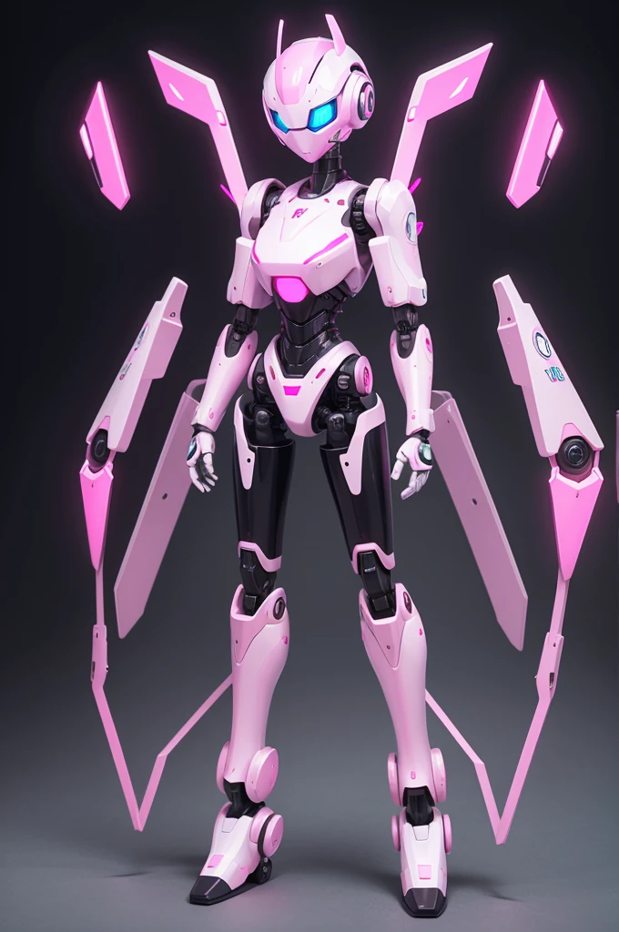 A full body robot with pink colors