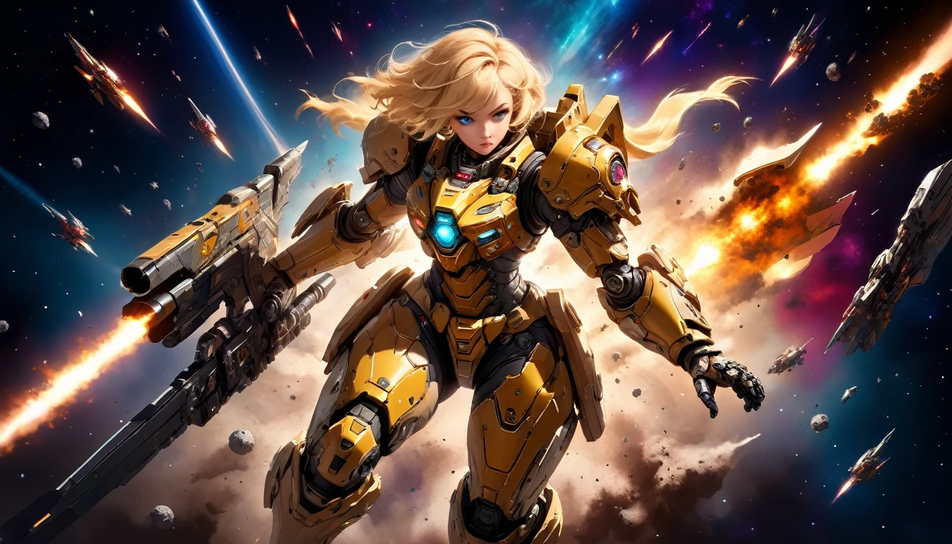 a female mech warrior in battle on a moon in space, full body shot, action shot, a tough and beautiful female mech warrior, short blond hair, dynamic eye color, intent gaze, ultra detailed face, best detailed face, she wears mech armor, and massive sci-fi gun, in battle, outer space background, stars, vibrant, Ultra-high resolution, High Contrast, (masterpiece:1.5), highest quality, Best aesthetics), best details, best quality, highres, (ultra wide angle: 1.2), 16k, ultra detailed, masterpiece, best quality, (extremely detailed),aetherpunkai, Mechanical Creatures, assault rifle