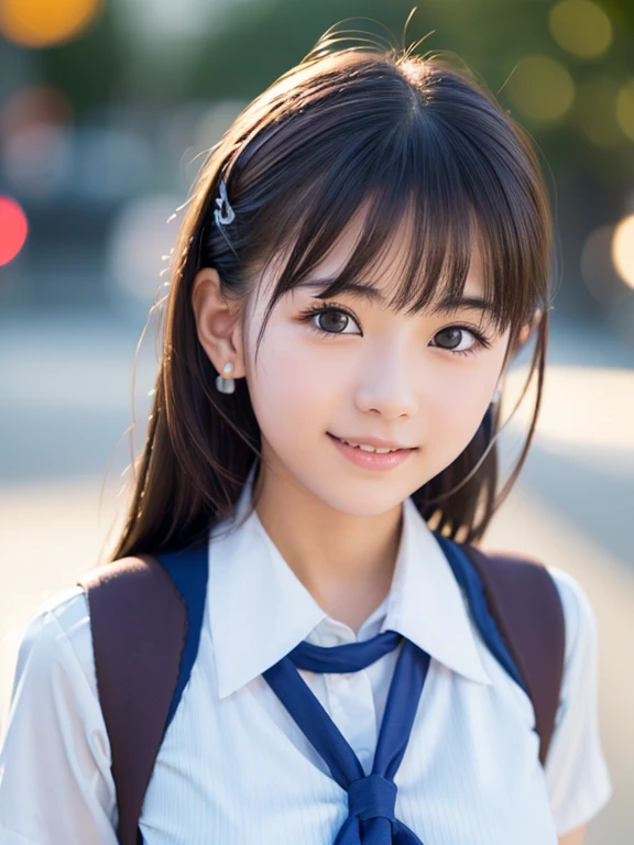 ((Cute 15 year old Japanese))、on the road、Highly detailed face、Pay attention to the details、double eyelid、Beautiful thin nose、Sharp focus:1.2、Beautiful woman:1.4、Cute Hairstyles、Pure white skin、Highest quality、masterpiece、Ultra-high resolution、(Realistic:1.4)、Highly detailed and professional lighting、nice smile、Japanese school girl uniform, (heavy chest:1.1, ), huge breasts), (heavy chest:1.1, )
、, Nikon Z9 80mm lens,, Colorful lights and blur.
