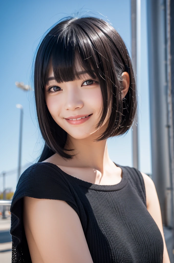 black hair, parted bangs, light smile, Surrealism, first-person view, f/4.0, UHD, textured skin, highres