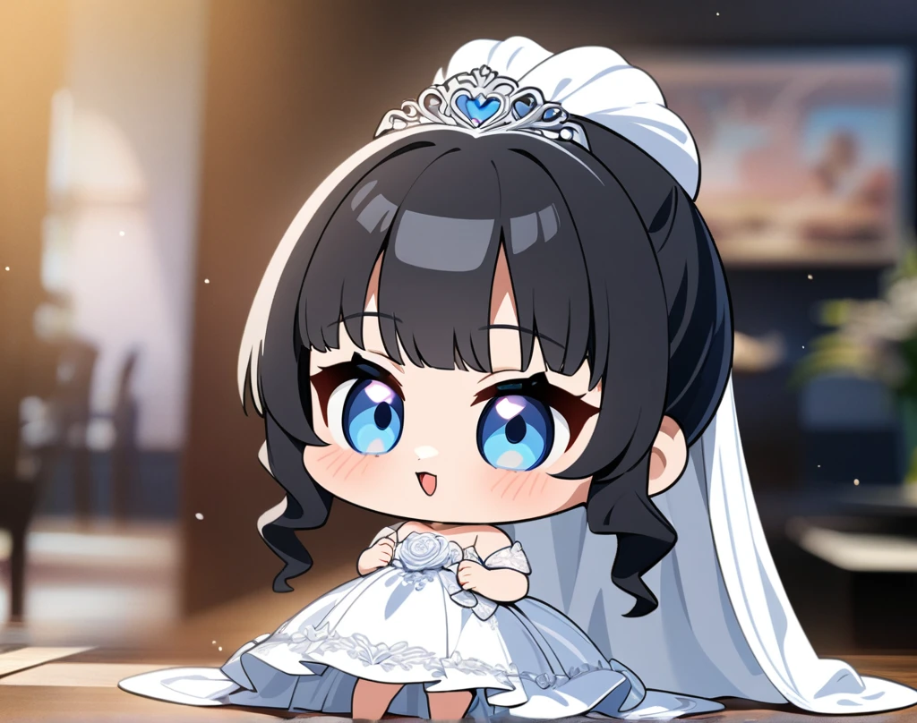 (masterpiece), best quality, ultra-detailed, 1024k UHD wallpaper, ultra-high resolution, depth of field, HDR, (extremely detailed CG 1024k wallpaper), Detailed face, Detailed Clothes, Ultra HD Photo, 1girl, short silky hair, 90's style, medium black hair, blue eyes, chibi, in wedding dress, (newest anime art style)