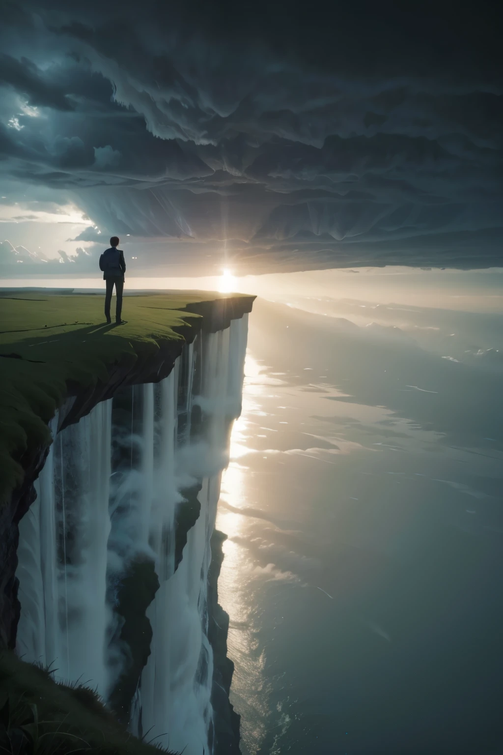 inclined cliff, cloudy weather, a tornado coming, a man dressed in white on the edge of the cliff, a glass box full of water. sem sol