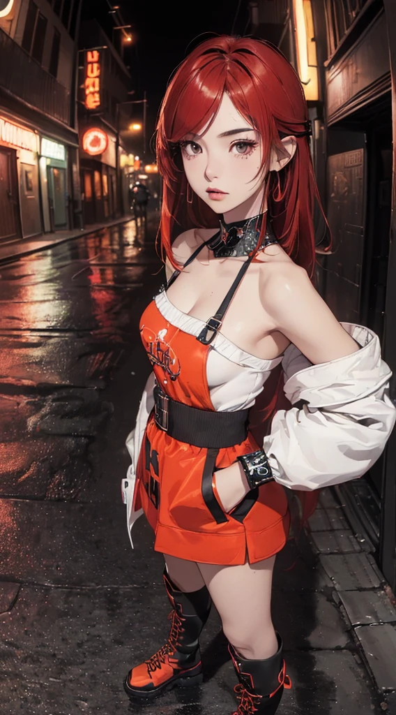 (((8k wallpaper of extremely detailed CG unit:1.2, masterpiece, hight resolution:1.2, top-quality:1.2, masutepiece))), ((a very beautiful woman, Hands in pockets:1.8, Street fashion:1.2, wearing a colorful jacket:1.2, Wearing boots)), ((extra detailed face, Highly detailed black eyes, extra detailed body, Top quality real texture skins)), (red hair:1.2, de pele branca, Small, exposed shoulder), ((Empty alley, Mileland. natta, Neon Street)), (high-angle, a closeup, Fisheye), hyper realisitic, digitial painting,