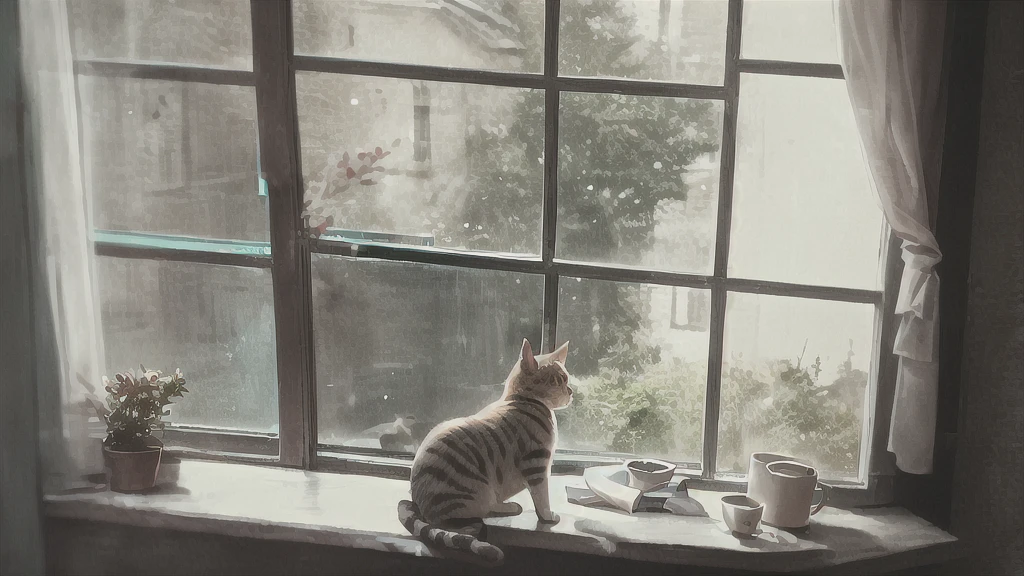 there is a cat that is sitting on the window sill, Cat on the windowsill, Leaning against the window, Cat sleeping on the window, Near the window, Near the window, Looking Outside, Next to the window, There is a book next to the cat, Near the window window, 窓のLooking Outside, sitting on the window sill, Look in the window