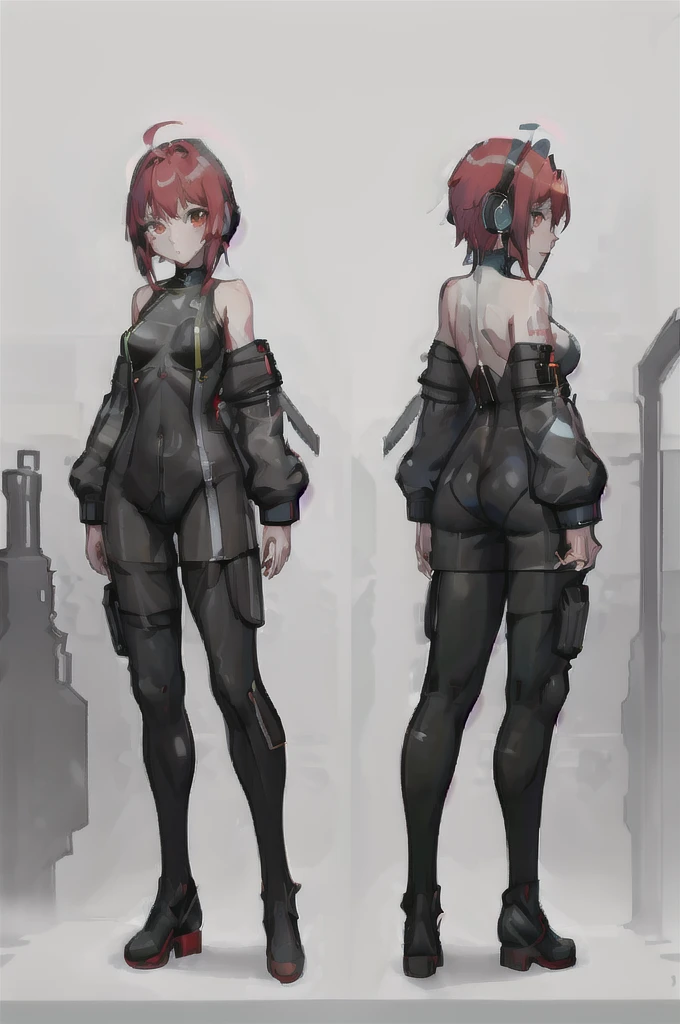 full body, reference sheet, front, back, side,1 girl, Android girl, cyberpunk, (cute:1.3),red Hair, left eye yellow, right eye blus, tan skin, freckles{White breastplate, Black futuristic headphones, Mechanical black glossy metallic Bodysuit, Bare shoulders, oversized jacket, Glossy, shiny material}
