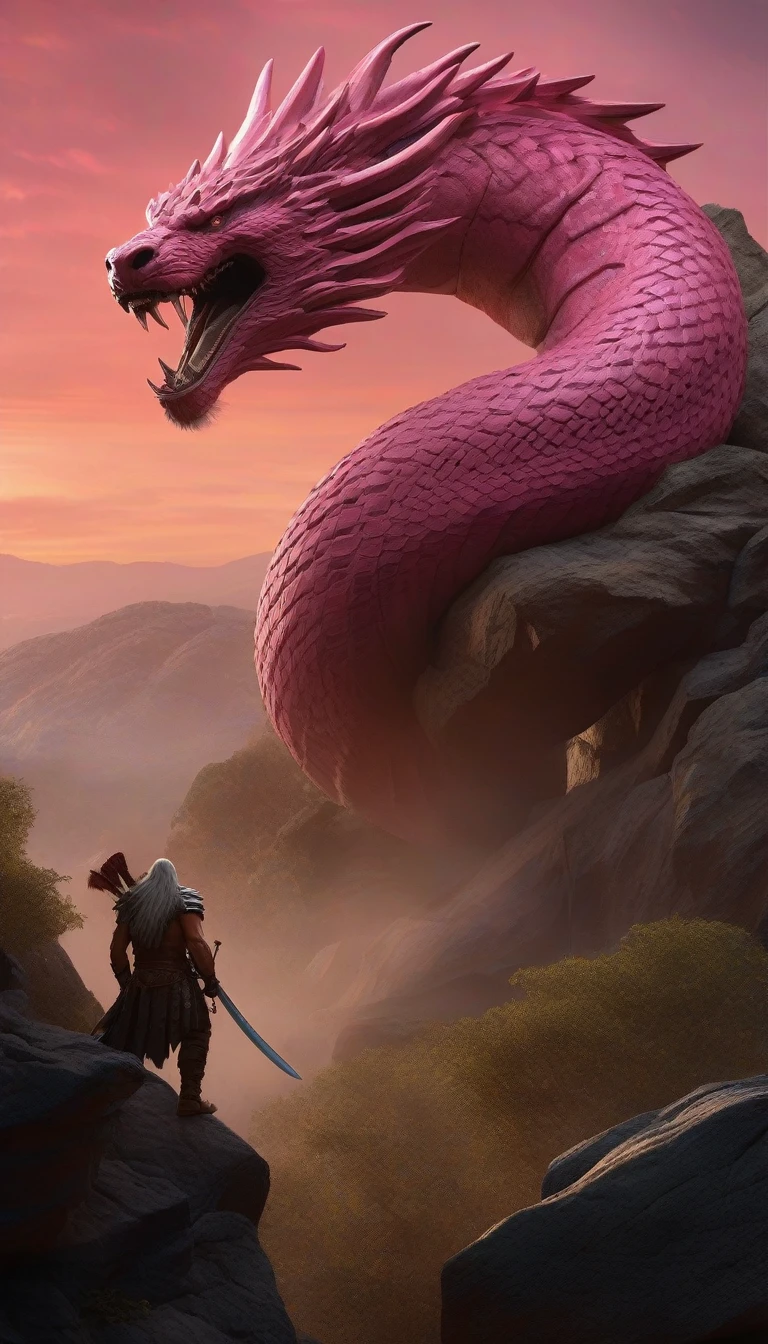 ((photorealism hyperrealism photorealism)) and cinematographic create a highly detailed and dynamic scene depicting a colossal serpent approximately ten meters tall, with stone color, composed of stones and rocks, with 10 of menacing arms and legs protruding along its massive body. The serpent has a terrifying face resembling a hideous witch. The serpent is in the midst of a fierce battle with a barbarian. The barbarian is dressed in the style of Conan the Barbarian, but with unique features: long pink hair and a pink beard, and the facial features of actor Chris Hemsworth. The barbarian wields a sword and appears minuscule in comparison to the monstrous serpent, akin to a person standing before a skyscraper. The scene is set atop a mountain, providing a panoramic view of a dense forest below, with only the treetops visible. In the distance, near the horizon, a beach can be seen. The sky is vividly pink, creating an alien planet atmosphere, with a giant moon prominently visible. Emphasize the dynamic action and intense motion in the battle between the serpent and the barbarian, capturing the energy in hyper-detailed, realistic style renderings, 8k, detailed eyes, perfect eyes, epic, dramatic, fantastic, full body, intricate design and details, dramatic lighting, hyperrealism, photorealistic, cinematic, 8k, 12k, detailed face , dramatic photo, epic photo, cinematic photo + photo taken by Canon + Incredibly detailed, sharp details by 8HQ, Neoprene, Behance contest winner, ultra sharp focus, masterpiece of complex art, sinister, epic, TanvirTamim, trending on Artstation by Artgerm, H. R. Giger and Beksinski, highly detailed design and details, vibrant and complex lighting, dramatic, hyperrealism, photorealistic, cinematic, 8k, 12k, detailed face, dramatic photo, epic photo, cinematic photo + photo taken by canon + incredibly detailed Detailed and Sharp in 8HQ, Neoprene, Competition Winner, Ultra Sharp Focus, Complex, Sinister and Epic Masterpiece of Art,