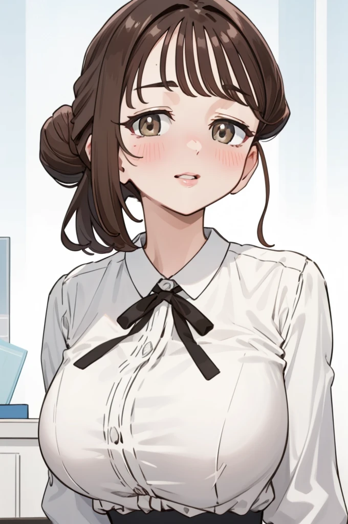 (masterpiece), (best quality), (highly detailed), (8k resolution), (best quality),huge_breasts,hair_bun,brown_hair,brown_eyes,detailed_lips,shy,ecstasy_face,blush,from front,(looking at viewer:1.3),office lady,(white buttoned shirt),skirt