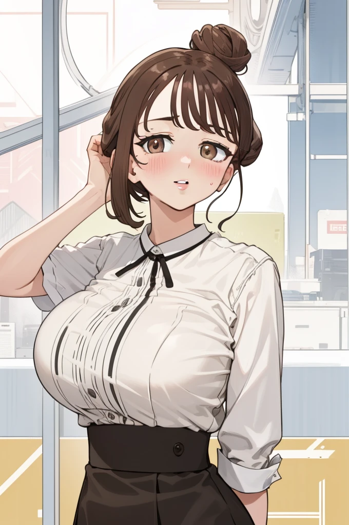 (masterpiece), (best quality), (highly detailed), (8k resolution), (best quality),huge_breasts,hair_bun,brown_hair,brown_eyes,detailed_lips,shy,ecstasy_face,blush,from front,(looking at viewer:1.3),office lady,(white buttoned shirt),skirt